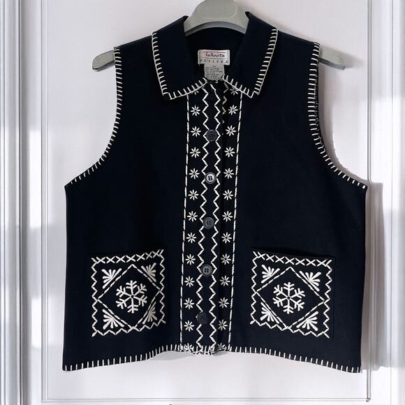TALBOTS VTG Florals Snowflake Embroidered Wool Vest in Black White Size PS - Picture 1 of 13